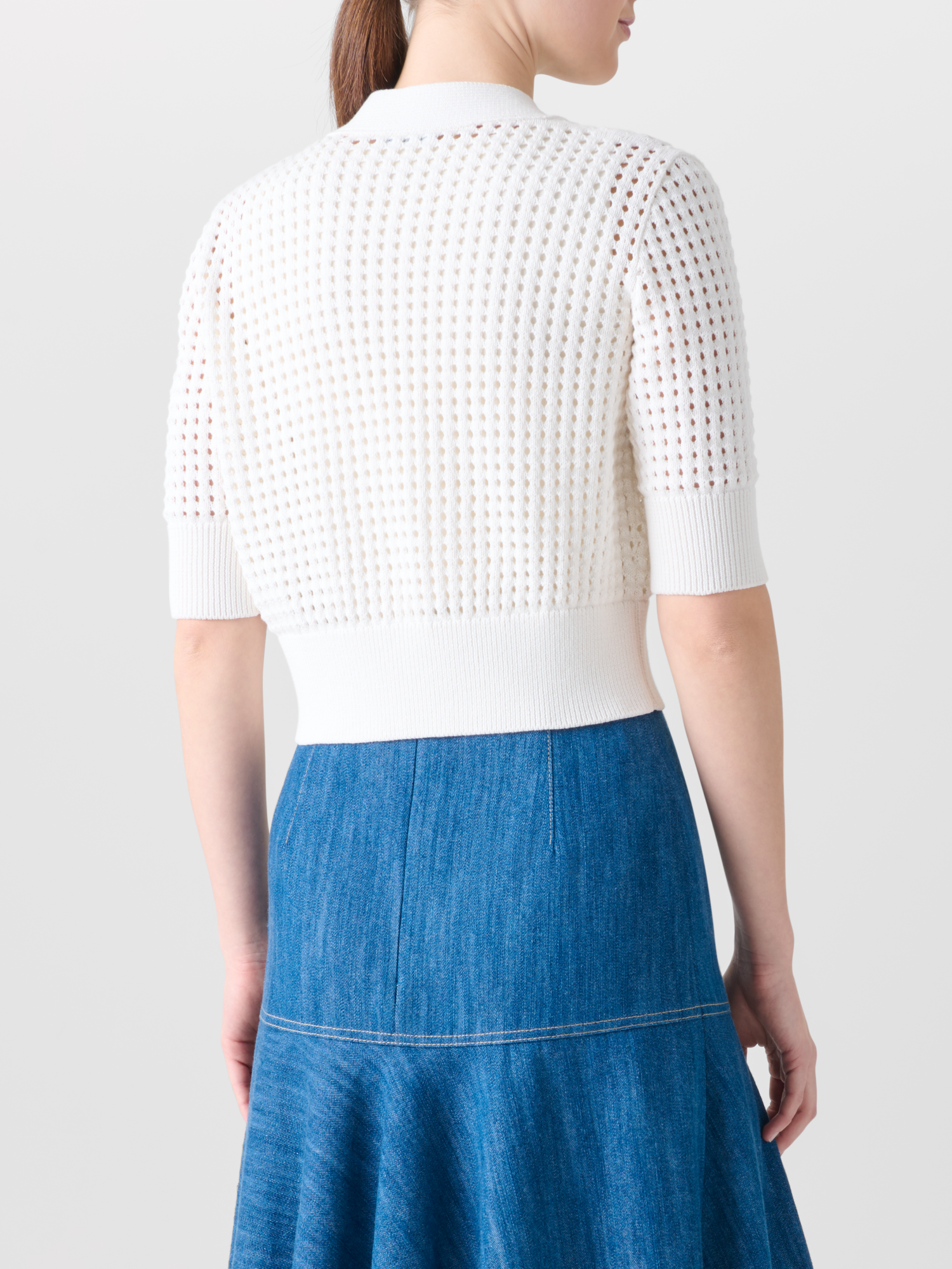 Designer Kurzer Cardigan aus grobem Baumwollmesh - Ecru - Weiss 