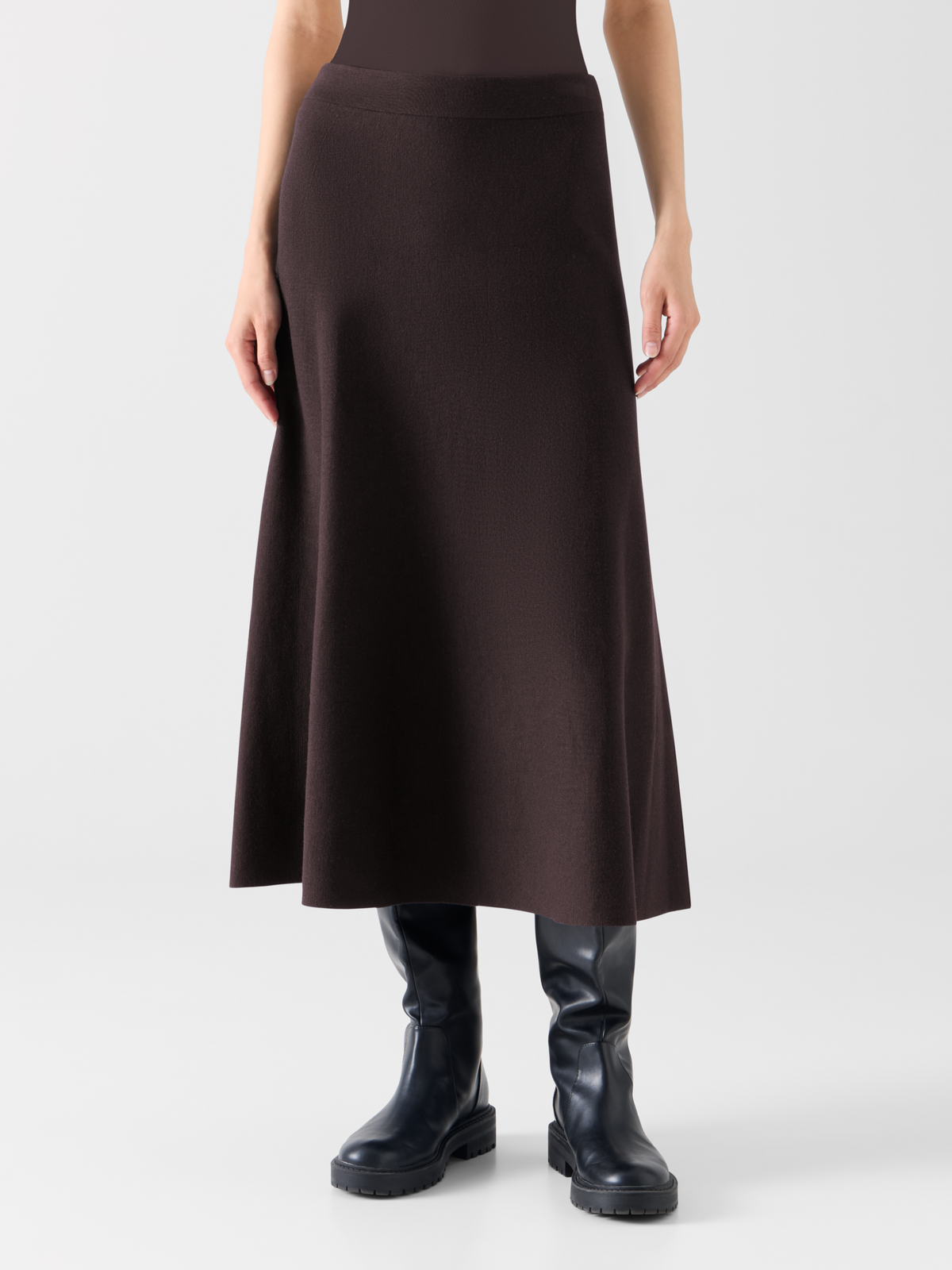 Designer Ausgestellter Midirock aus Milano-Strick - Braun 