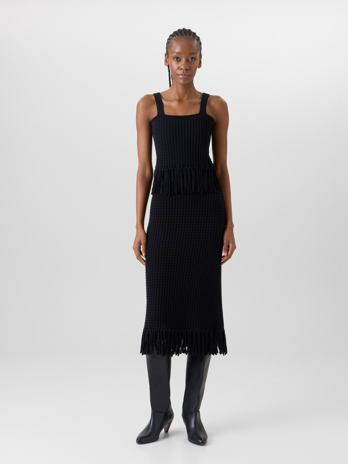 Designer Kurzes Stricktop aus grobem Baumwoll-Mesh - Schwarz #editorial