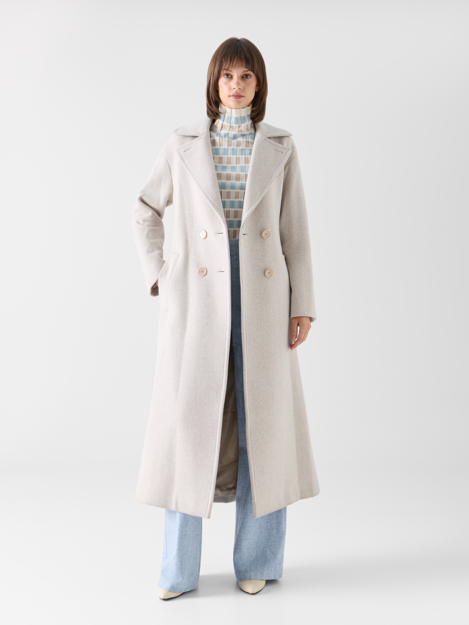 Designer Maximantel aus Wollmischung mit Fischgrat - Beige 