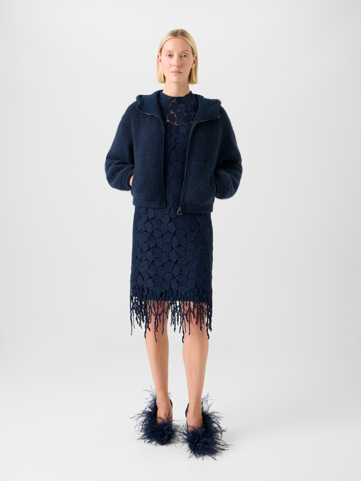 Designer Flauschiger Kaschmir Kapuzen Cardigan - Dunkelblau - Blau #editorial