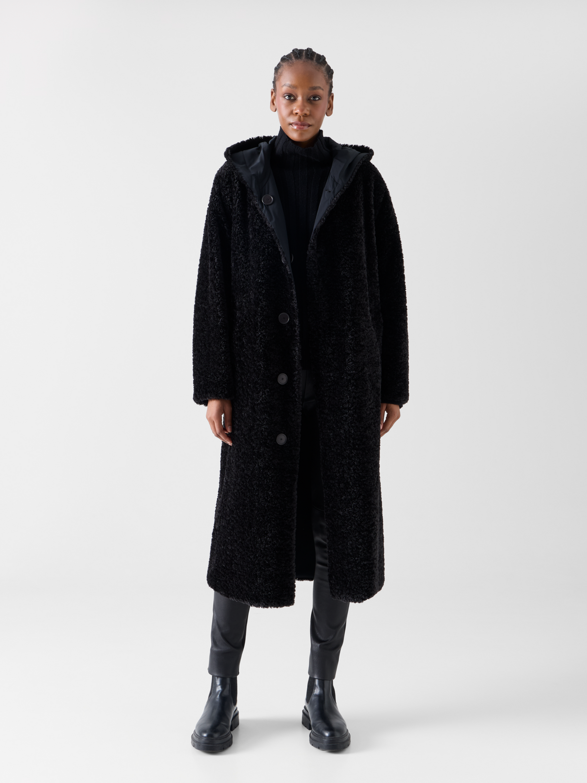 Designer Wendbarer Oversize-Webpelzmantel mit Kapuze - Schwarz #editorial