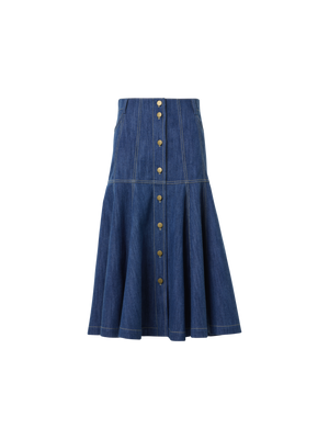 Designer Midirock aus Baumwolle Denim mit ausgestelltem Saum - Blau