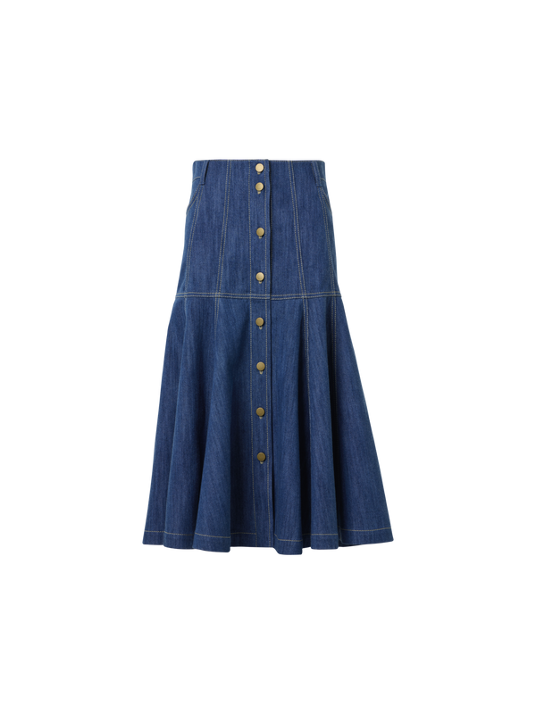 Designer Midirock aus Baumwolle Denim mit ausgestelltem Saum - Blau