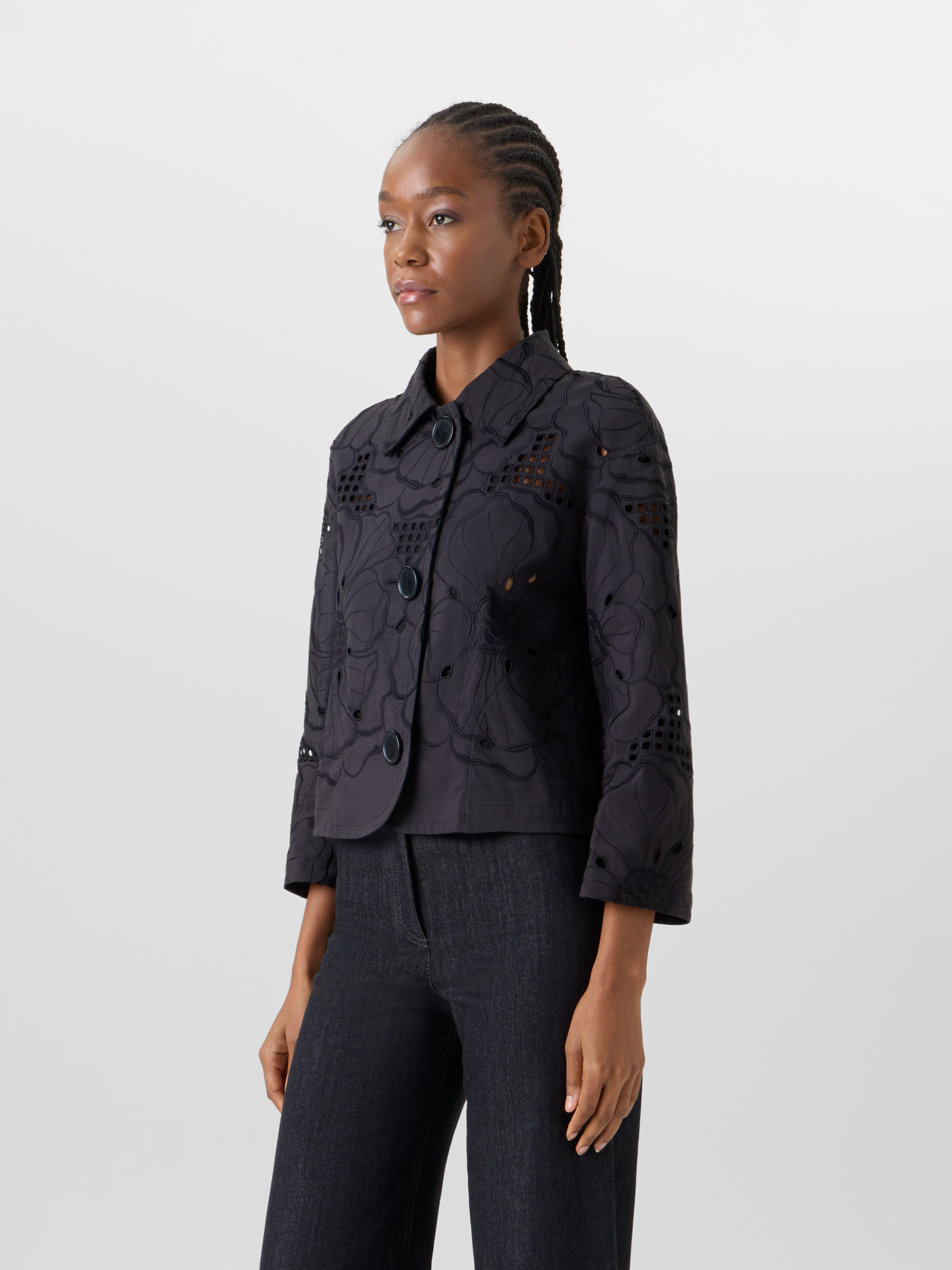Designer Langärmelige Jacke mit Blumen-Lochstickerei - Schwarz 
