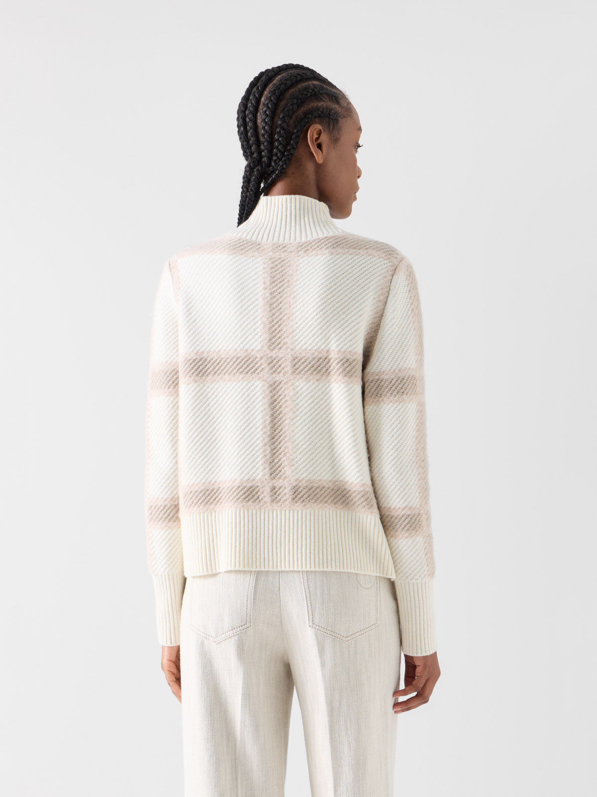 Designer Wolle-Kaschmir Pullover mit Intarsia-Karo - Ecru - Bunt 