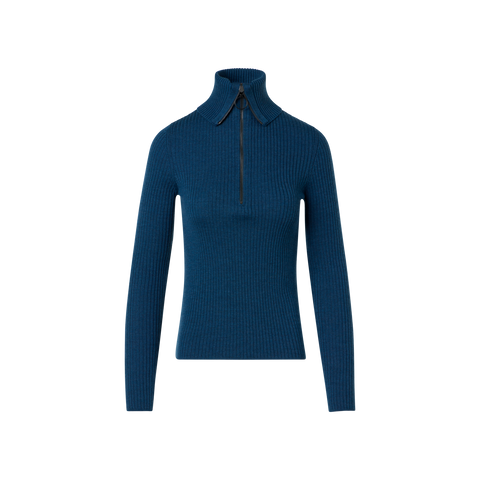 Rippstrickpullover aus Merinowolle mit Matrosenkragen und halbem Reissverschluss