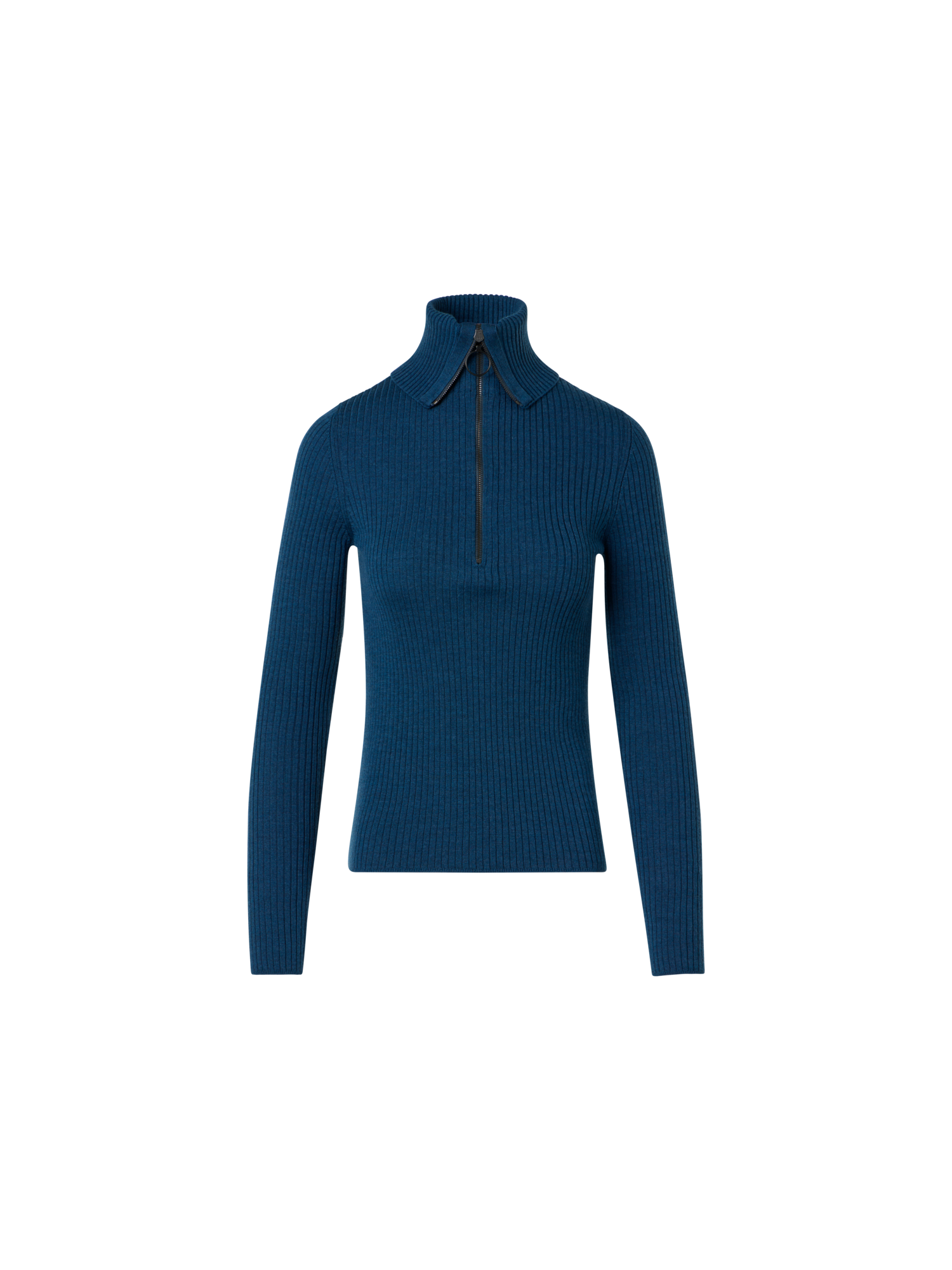 Designer Rippstrickpullover aus Merinowolle mit Matrosenkragen und halbem Reissverschluss - Blau