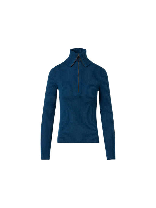 Designer Rippstrickpullover aus Merinowolle mit Matrosenkragen und halbem Reissverschluss - Blau