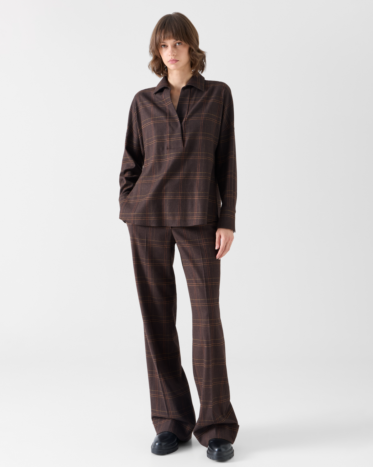 Designer Weite karierte Flanellhose - Braun 