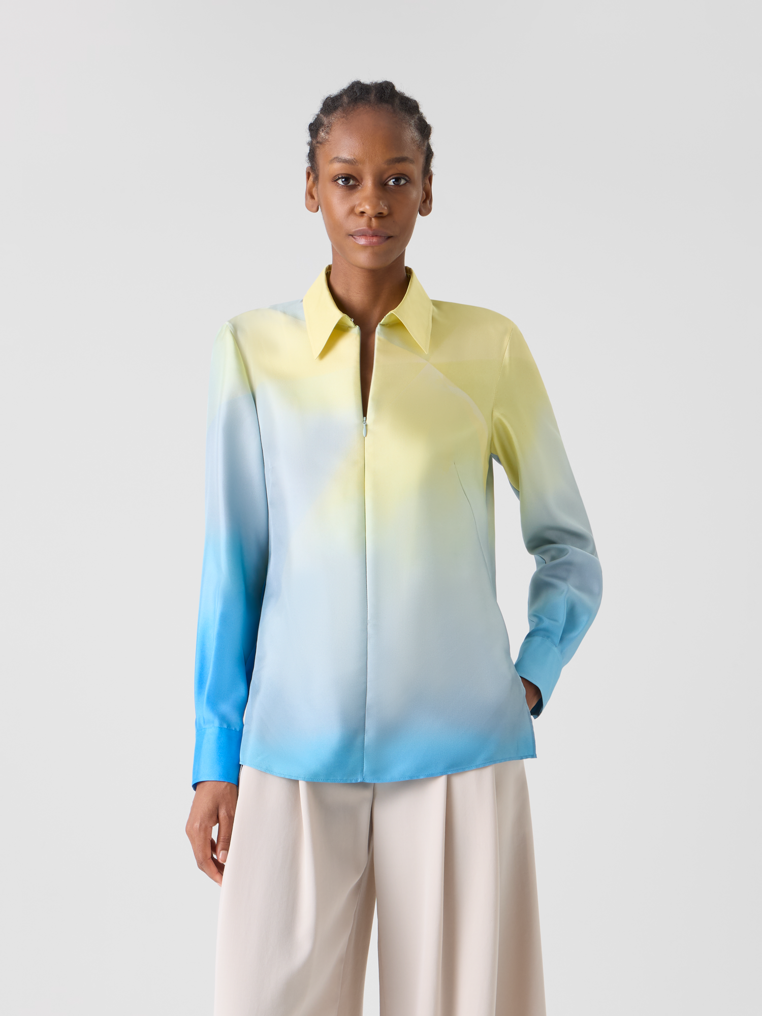 Designer Tunika-Bluse aus Seidentwill mit Sonnenstrahlen-Print - Blau - Bunt 