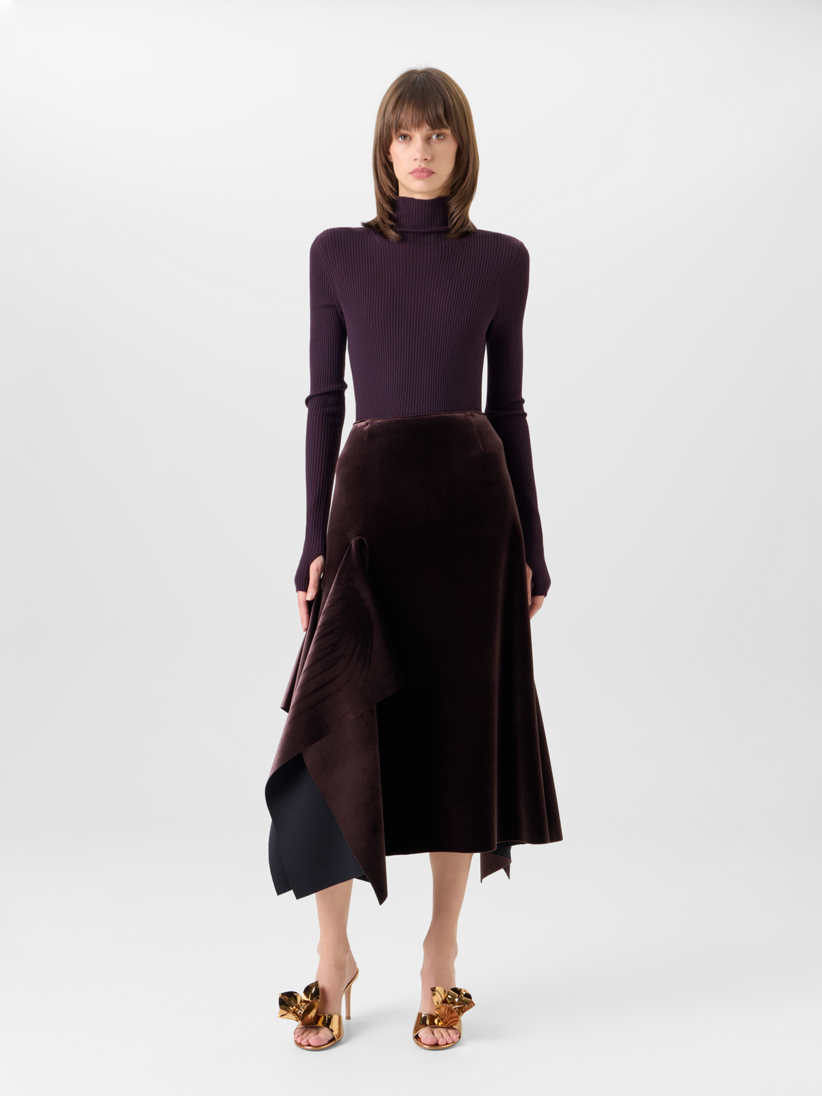 Designer Asymmetrischer Midirock aus Samt-Neopren - Weinrot 