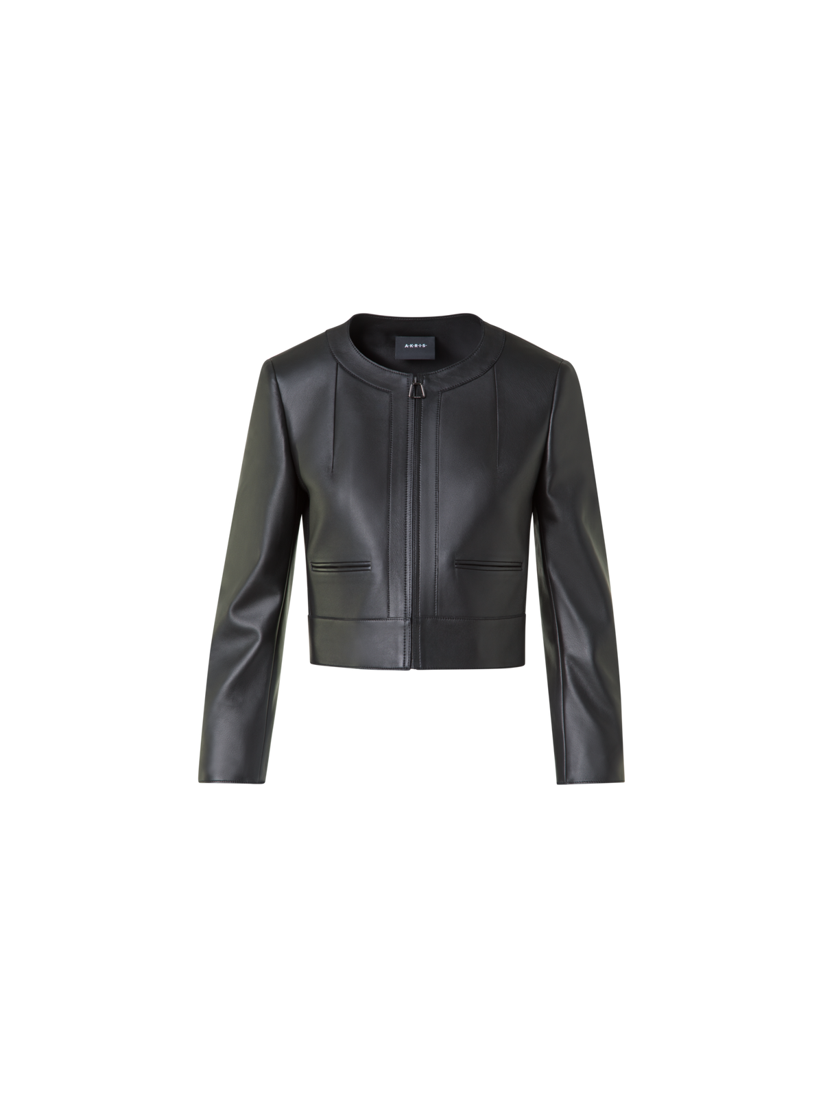 Designer Kurze Lederjacke mit Rundkragen - Schwarz