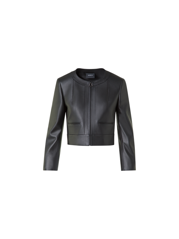Designer Kurze Lederjacke mit Rundkragen - Schwarz