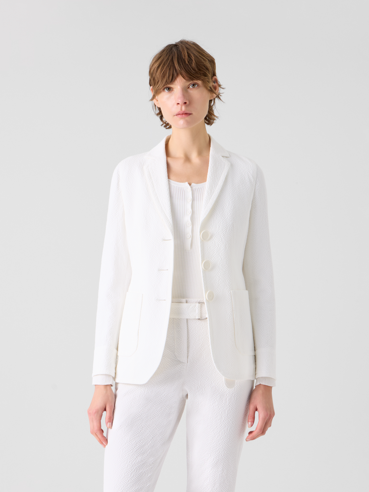 Designer Lässige Jacke aus Baumwoll-Stretch-Seersucker - Weiss