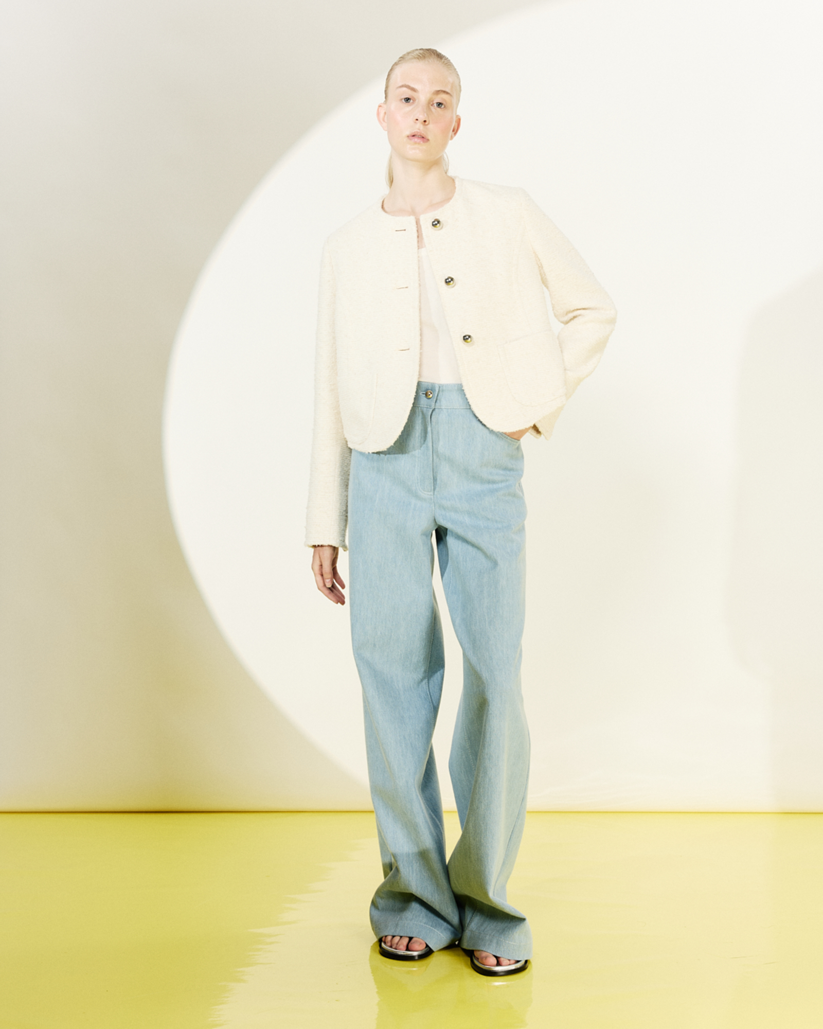 Designer Kastige Sommer-Jacke aus Bouclé-Baumwolle - Ecru 