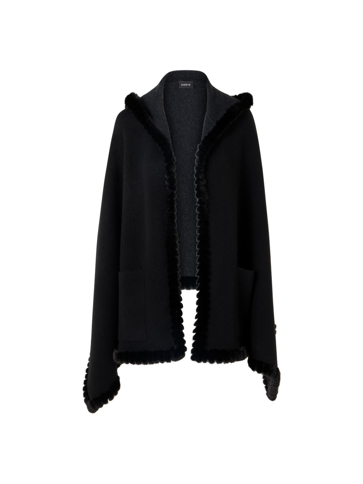 Designer Wendbares Kaschmir-Cape mit Kapuze und Nerzbesatz - Grau - Schwarz