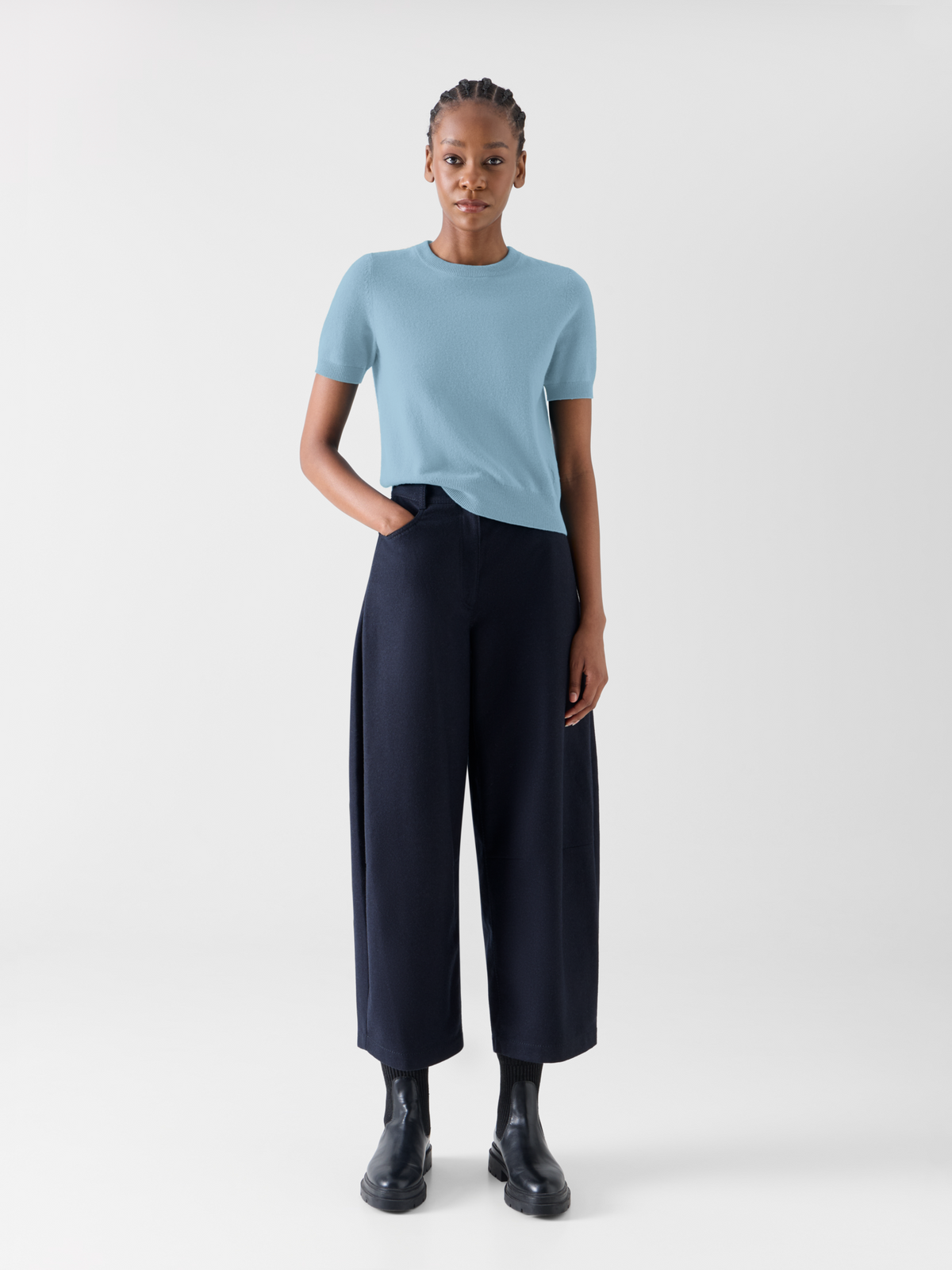 Designer Kurzarm-Pullover aus Wolle-Kaschmir - Blau 
