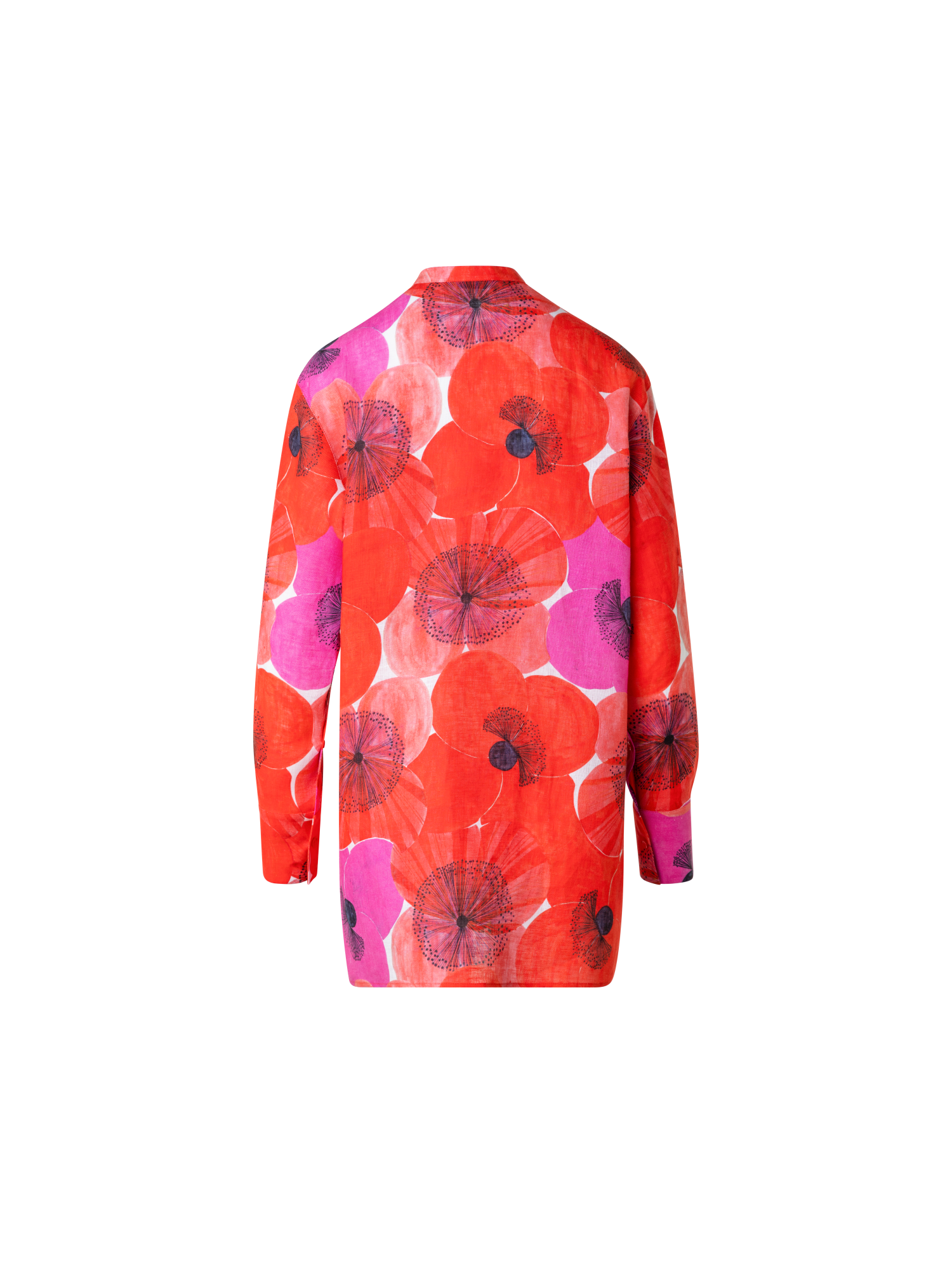 Designer Oversize Tunikabluse aus Leinen mit Poppy Druck - Bunt - Rot