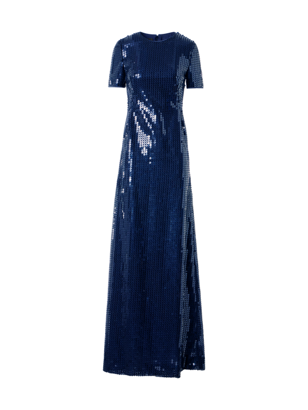 Designer Cocktail Abendkleid in Stab Pailletten auf Seiden Chiffon - Dunkelblau