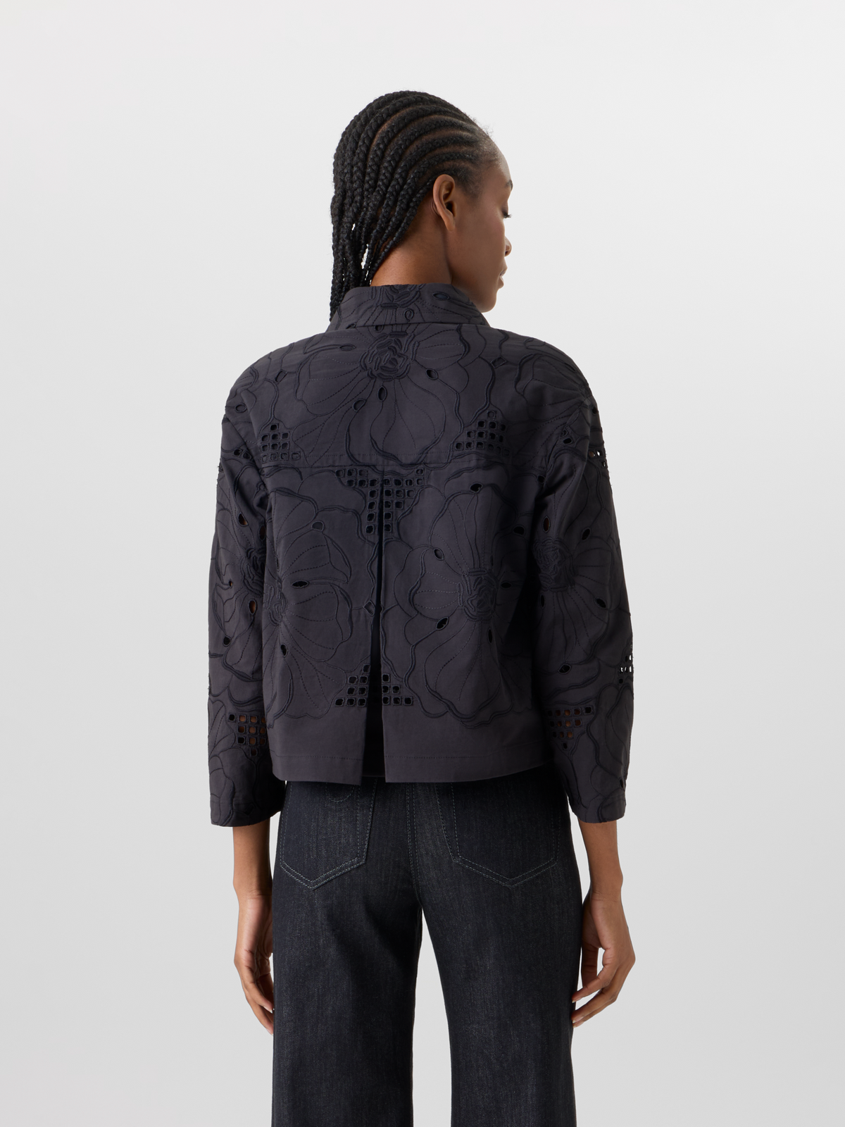 Designer Langärmelige Jacke mit Blumen-Lochstickerei - Schwarz #editorial