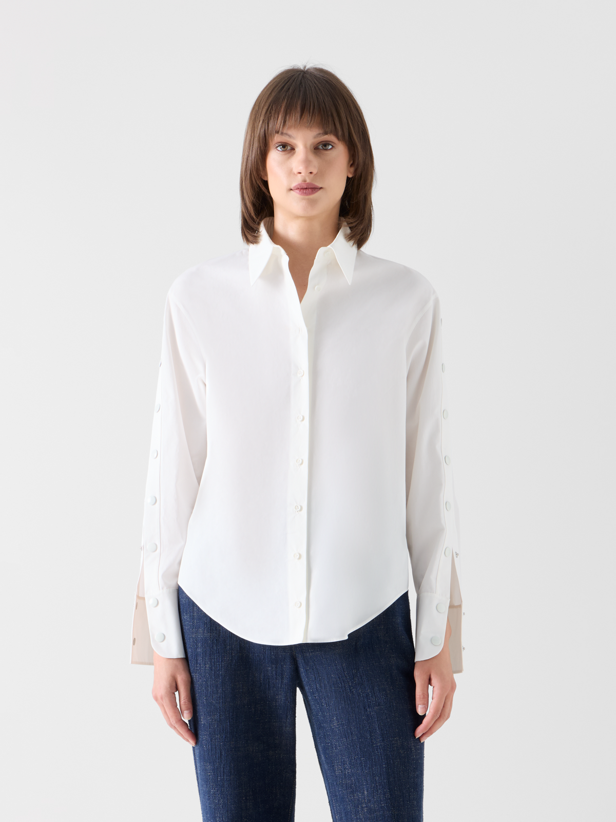 Designer Popeline-Bluse mit Druckknopf-Ärmelschlitzen - Ecru 