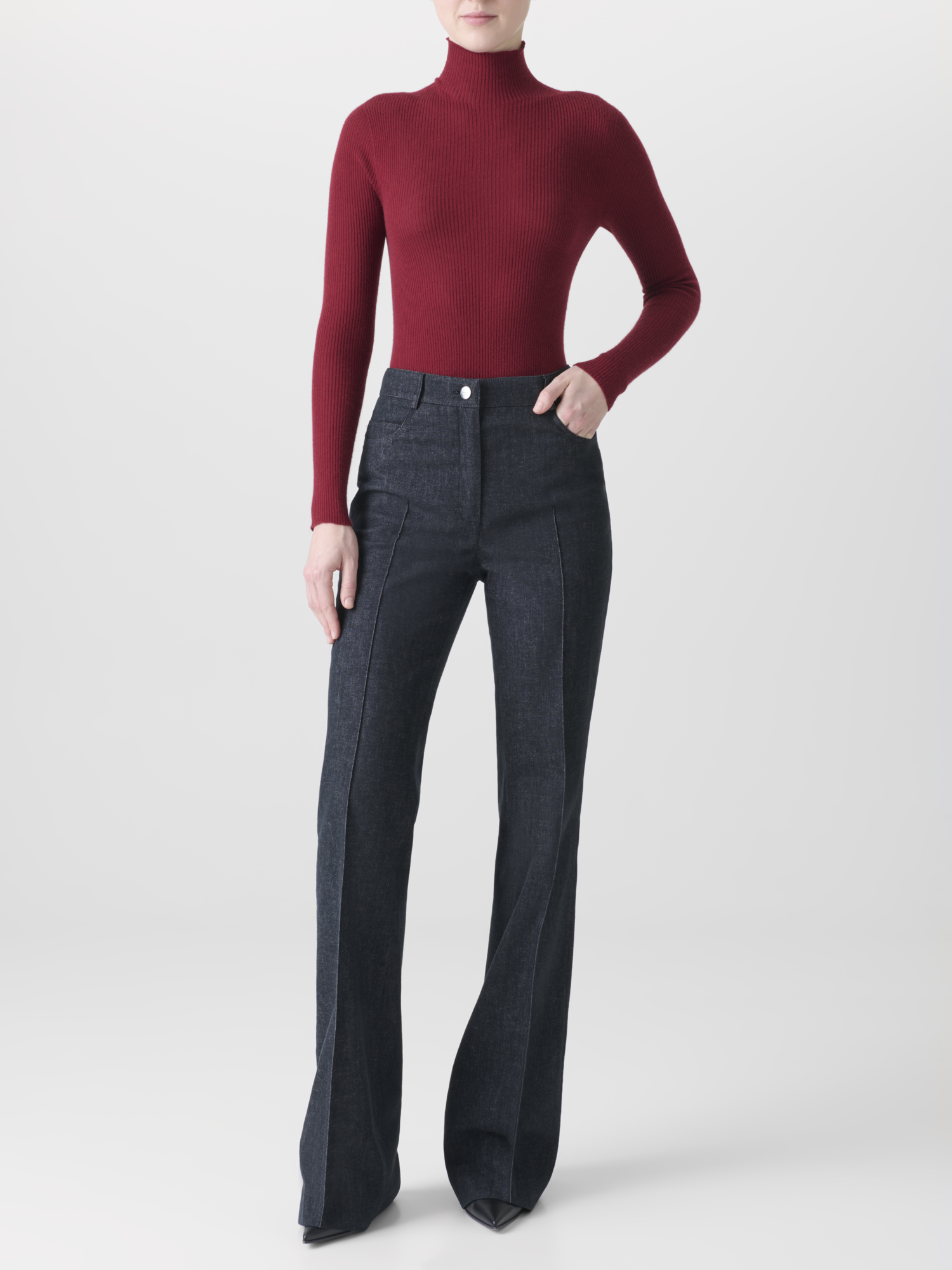 Designer Feinripp-Pullover aus Kaschmirseide mit Stehkragen - Rot 