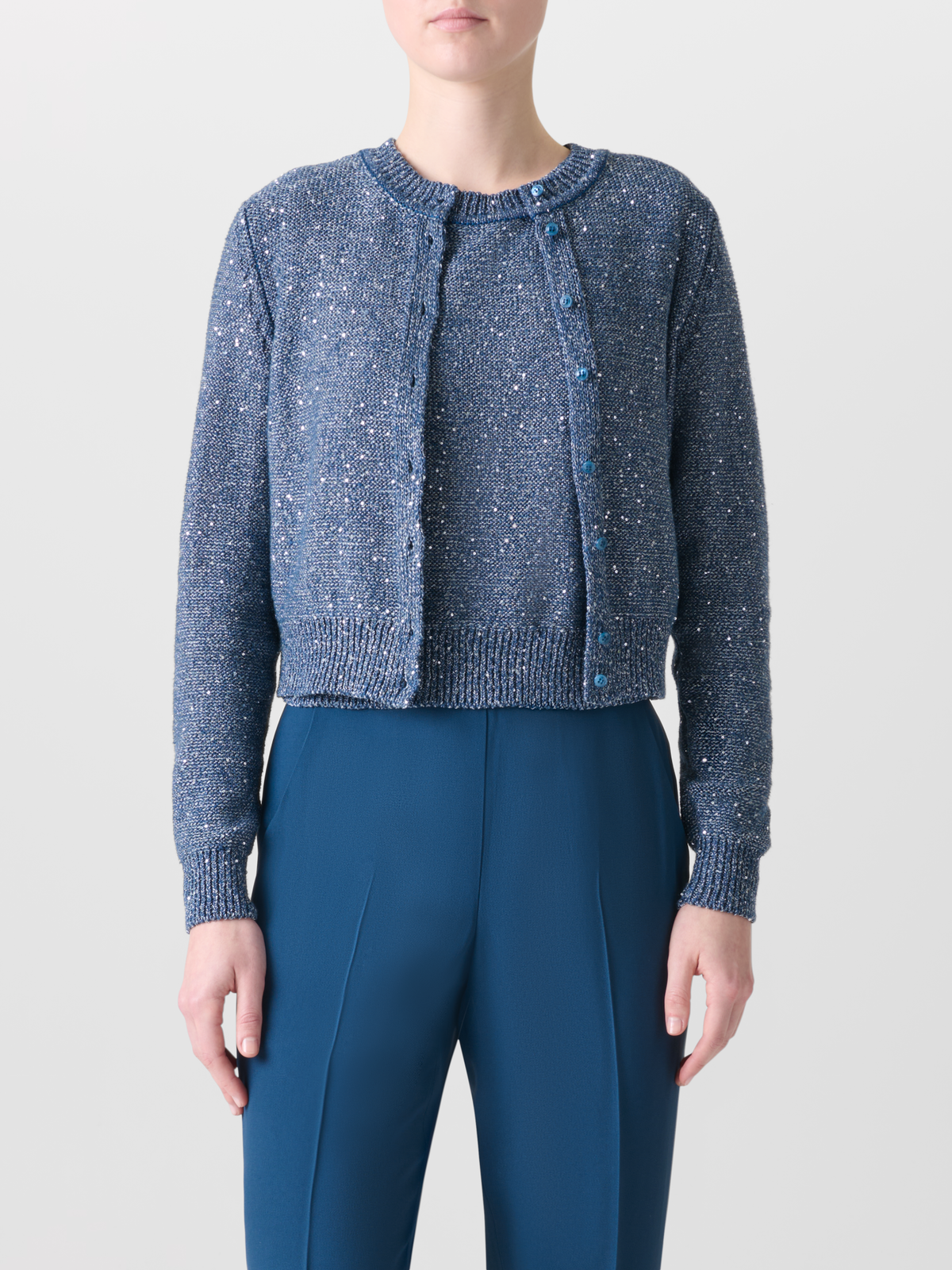 Designer Leinen-Baumwoll-Cardigan mit Mikropailletten - Blau #editorial