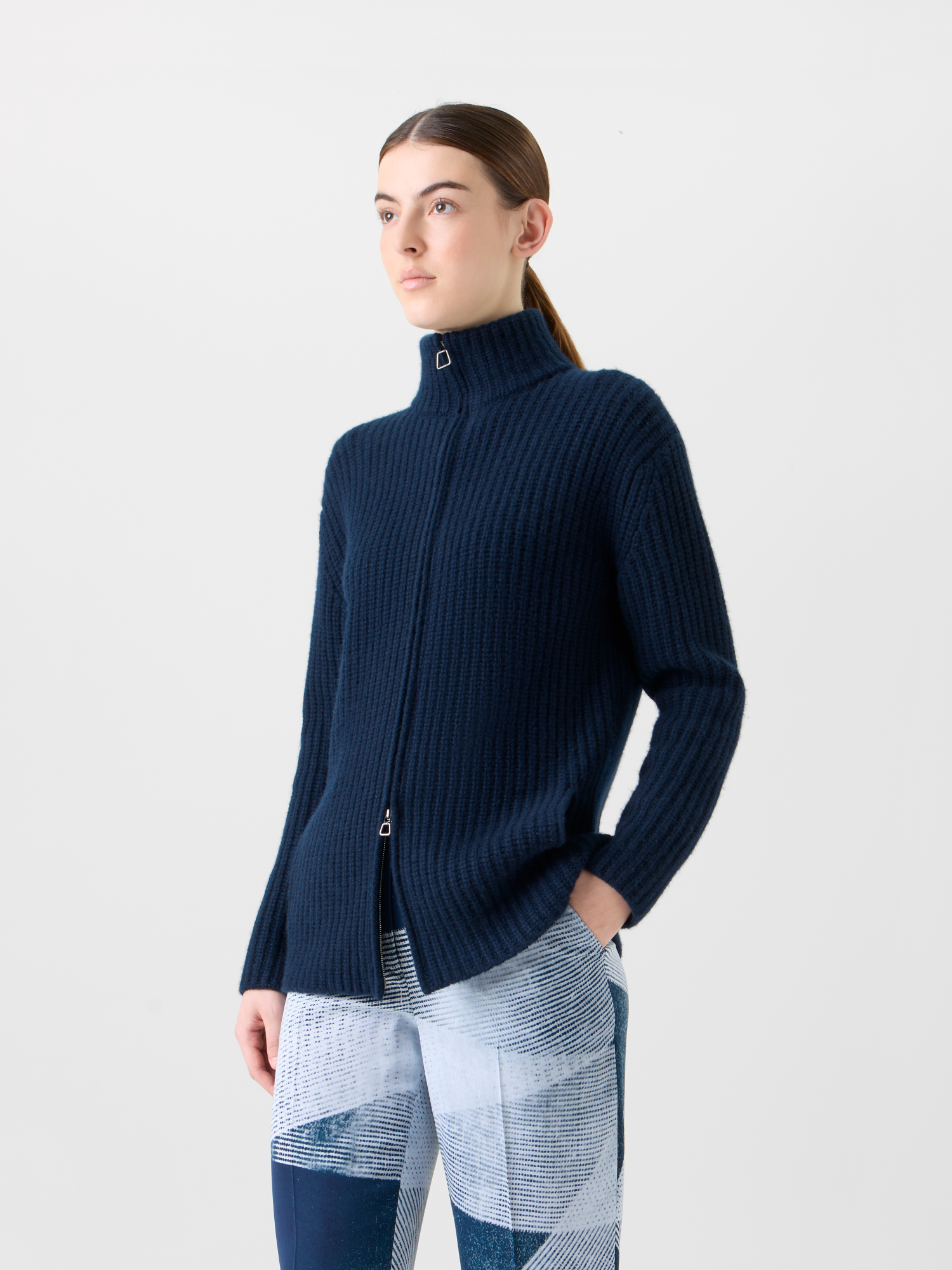 Designer Kaschmir Stehkragen Grobstrick Cardigan - Dunkelblau - Blau 