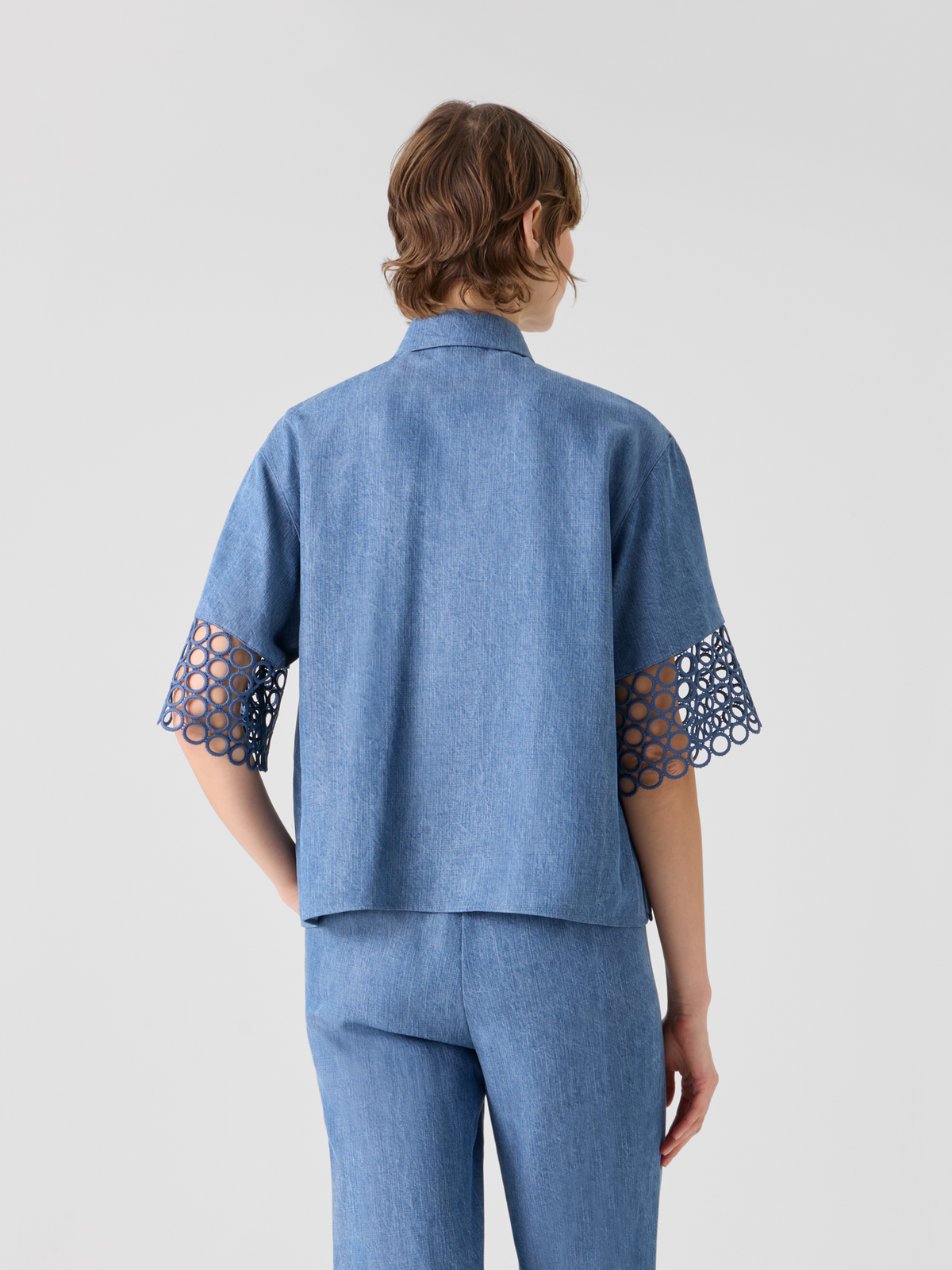 Designer Denim-Bluse mit Ösen-Guipure - Blau