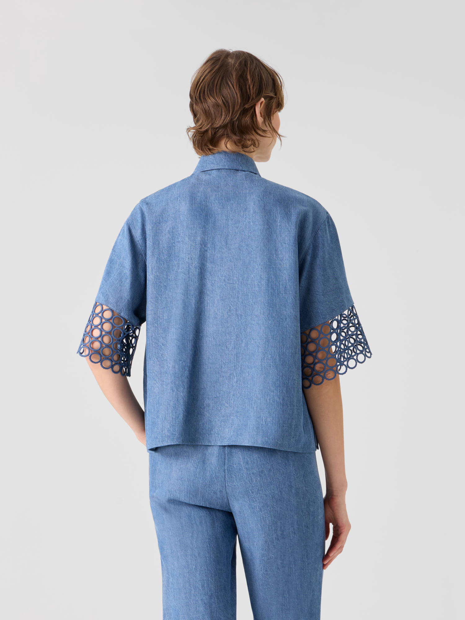 Designer Denim-Bluse mit Ösen-Guipure - Blau
