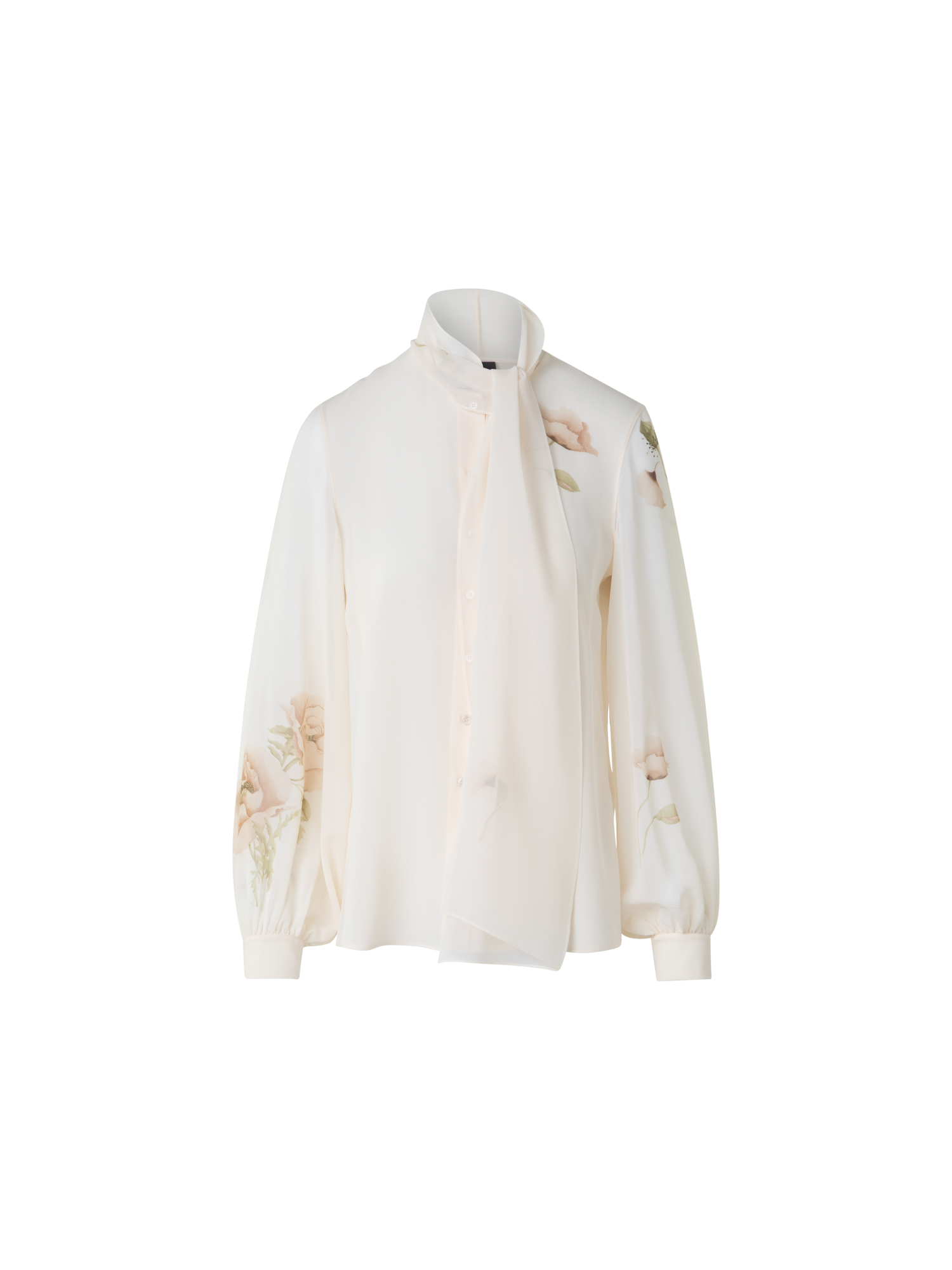 Designer Seidenbluse mit Schleife und Anemone Druck - Bunt - Ecru - Weiss
