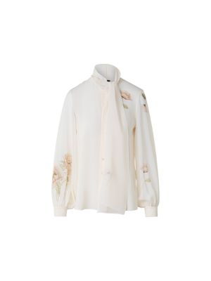 Designer Seidenbluse mit Schleife und Anemone Druck - Bunt - Ecru - Weiss