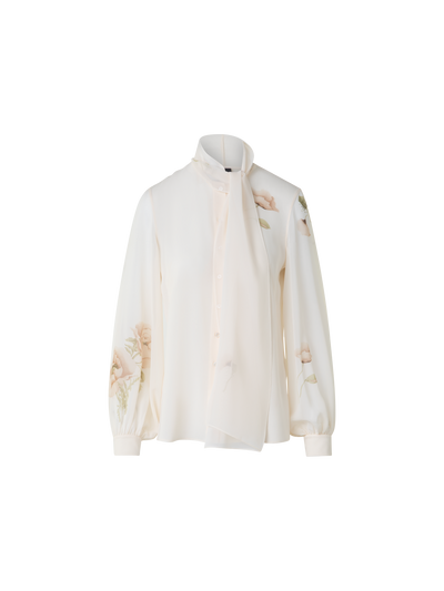 Designer Seidenbluse mit Schleife und Anemone Druck - Bunt - Ecru - Weiss