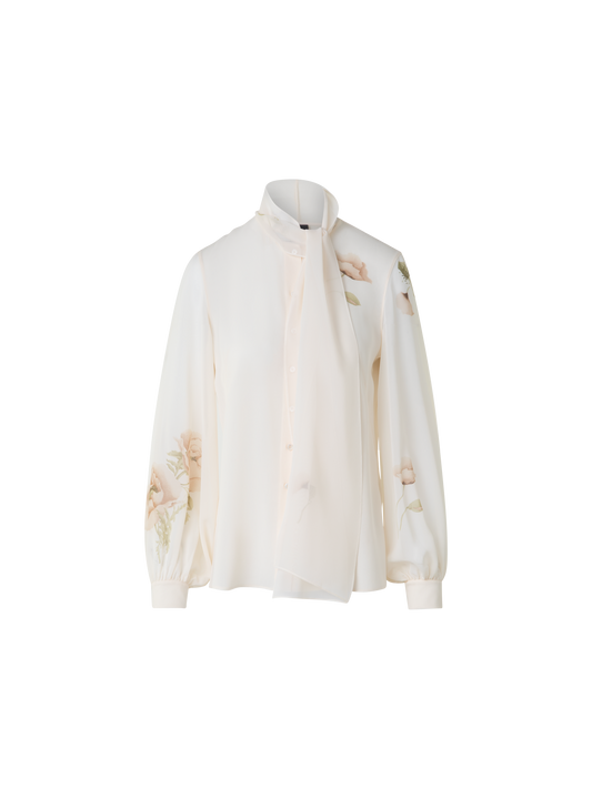 Designer Seidenbluse mit Schleife und Anemone Druck - Bunt - Ecru - Weiss
