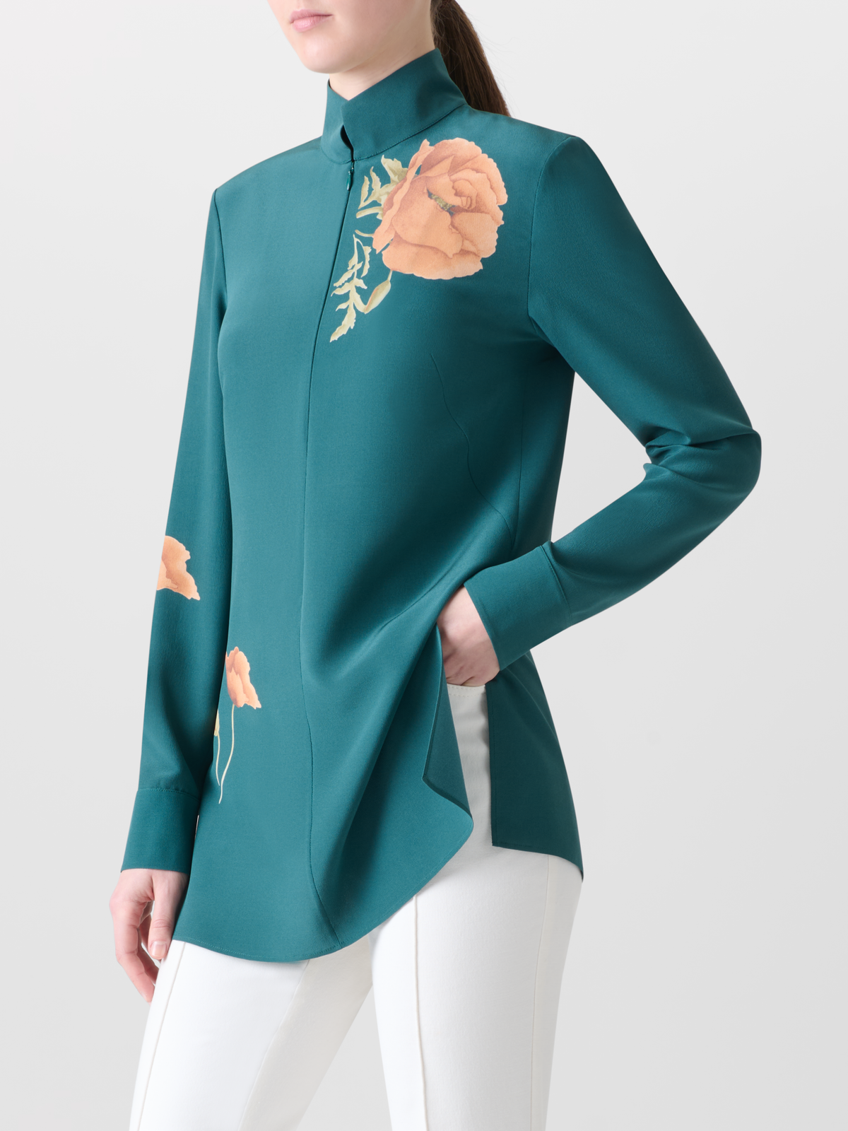 Designer Seidentunika-Bluse mit Anemone Druck - Grün - Bunt #editorial