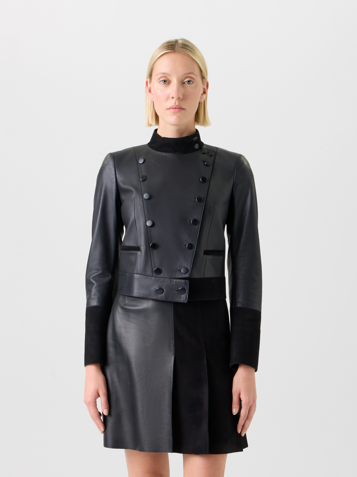 Designer Kurze Taillierte Leder Doppelreiher Jacke - Schwarz #editorial