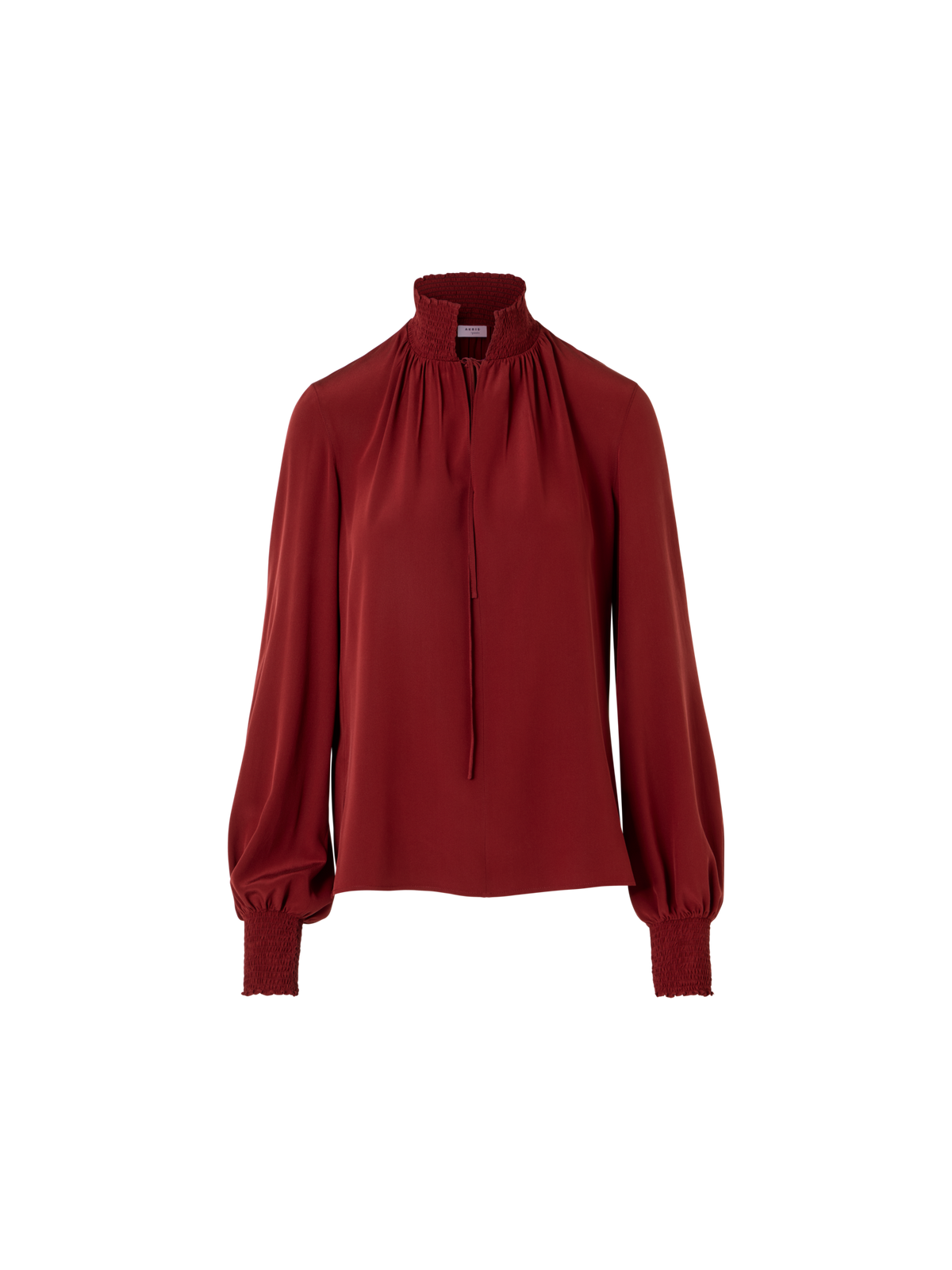 Designer Boho-Bluse aus Seiden-Crêpe mit Smok-Details - Weinrot - Rot