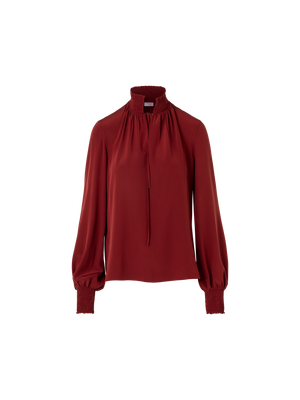 Designer Boho-Bluse aus Seiden-Crêpe mit Smok-Details - Weinrot - Rot