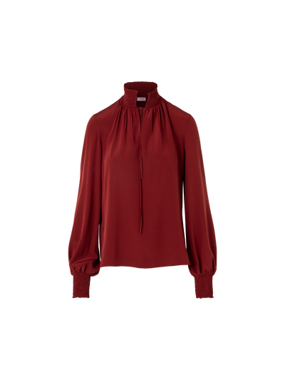 Designer Boho-Bluse aus Seiden-Crêpe mit Smok-Details - Weinrot - Rot