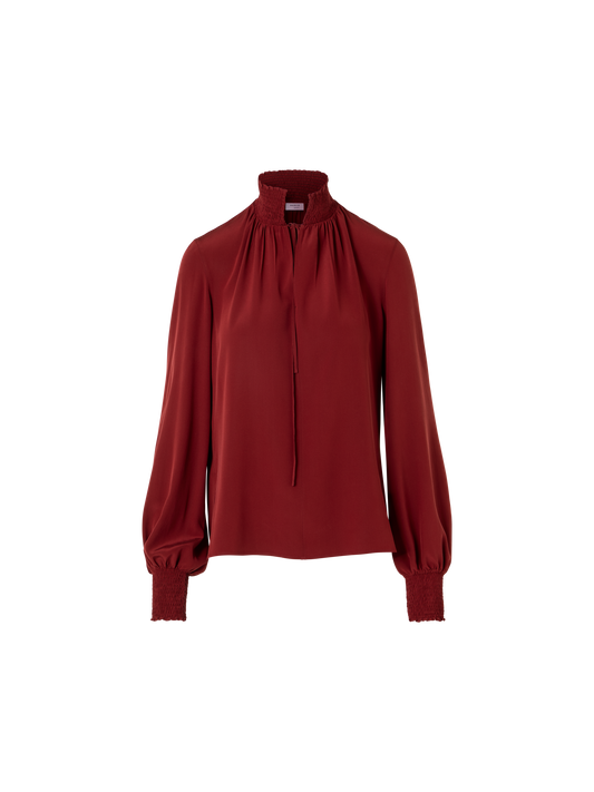 Designer Boho-Bluse aus Seiden-Crêpe mit Smok-Details - Weinrot - Rot