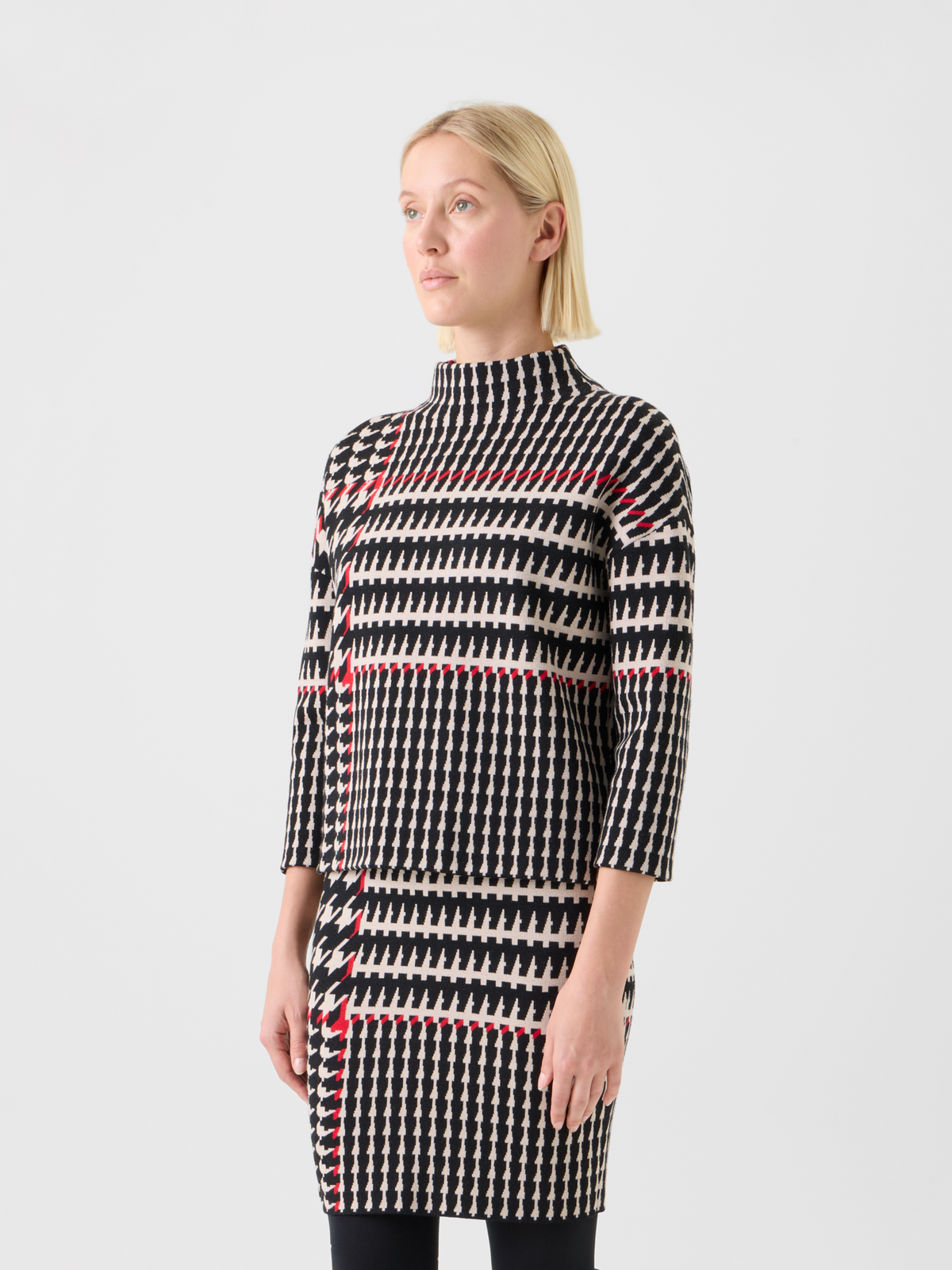 Designer XL Glencheck Jacquard Stehkragen Pullover - Schwarz - Bunt #editorial