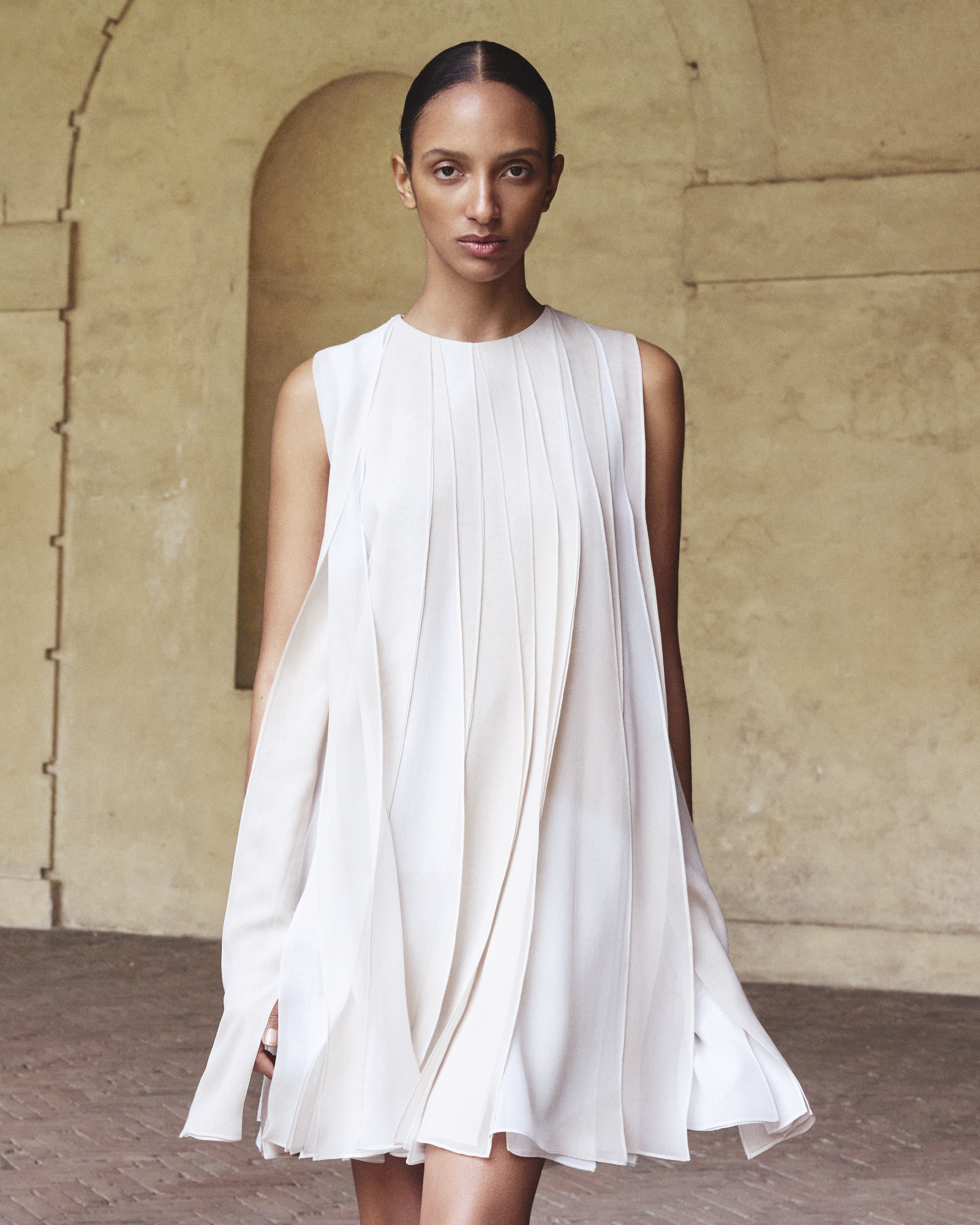 Designer Seidenband-Minikleid mit Chiaroscuro Druck - Beige 