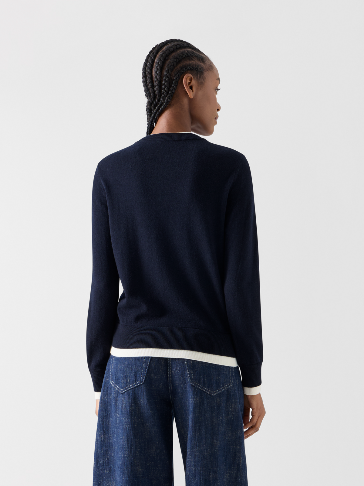 Designer Wolle-Kaschmir Pullover mit Trompe-l'Oeil V-Ausschnitt - Dunkelblau 