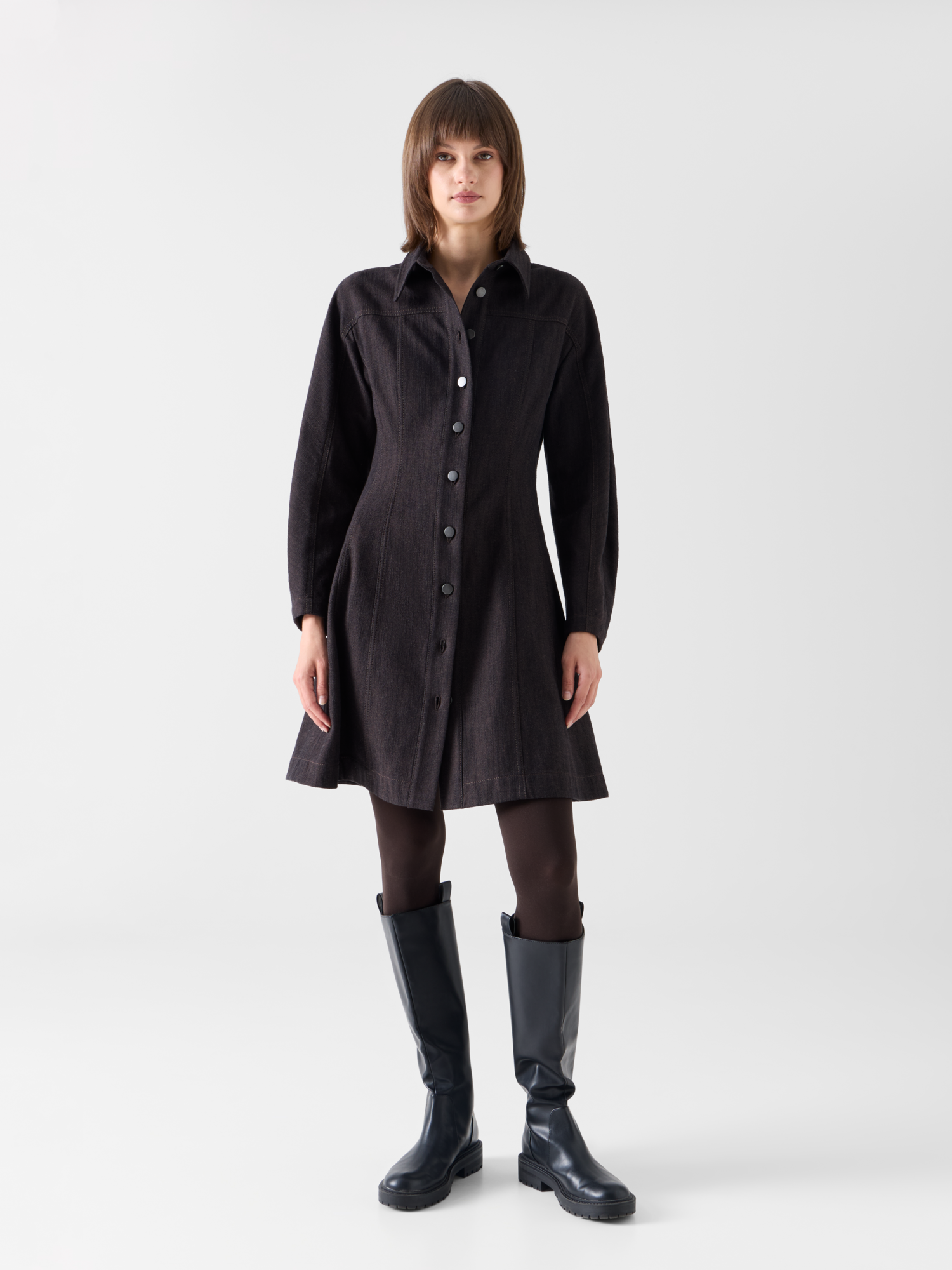 Designer Fit-and-Flare Minikleid aus Winter-Denim - Braun 