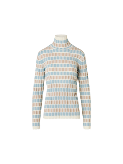 Designer Taillierter Merino-Ripppullover mit Karo-Intarsia - Bunt