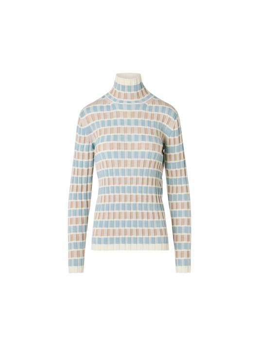 Designer Taillierter Merino-Ripppullover mit Karo-Intarsia - Bunt