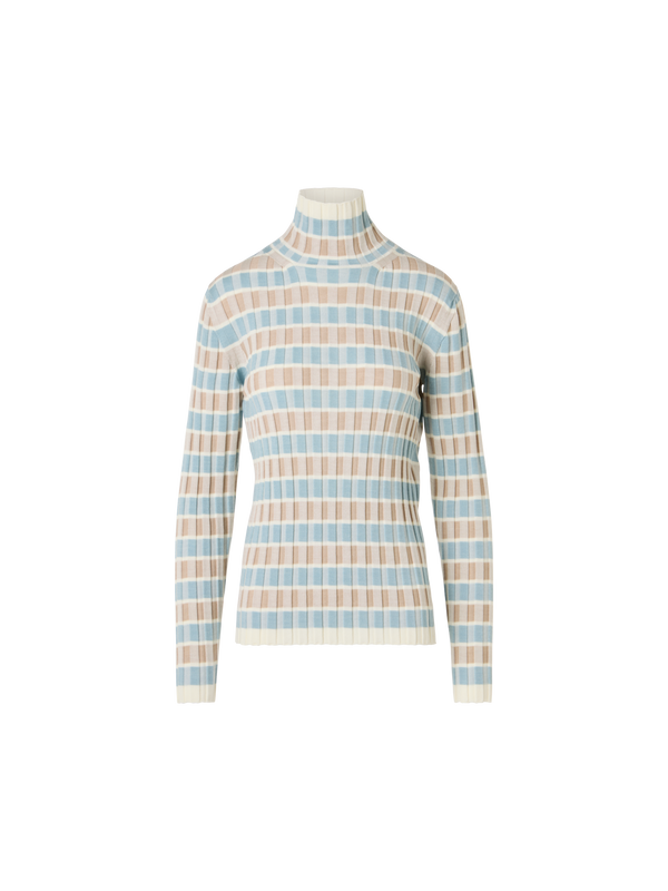 Designer Taillierter Merino-Ripppullover mit Karo-Intarsia - Bunt