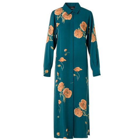Langes Tunika-Seidenkleid mit Anemone Druck