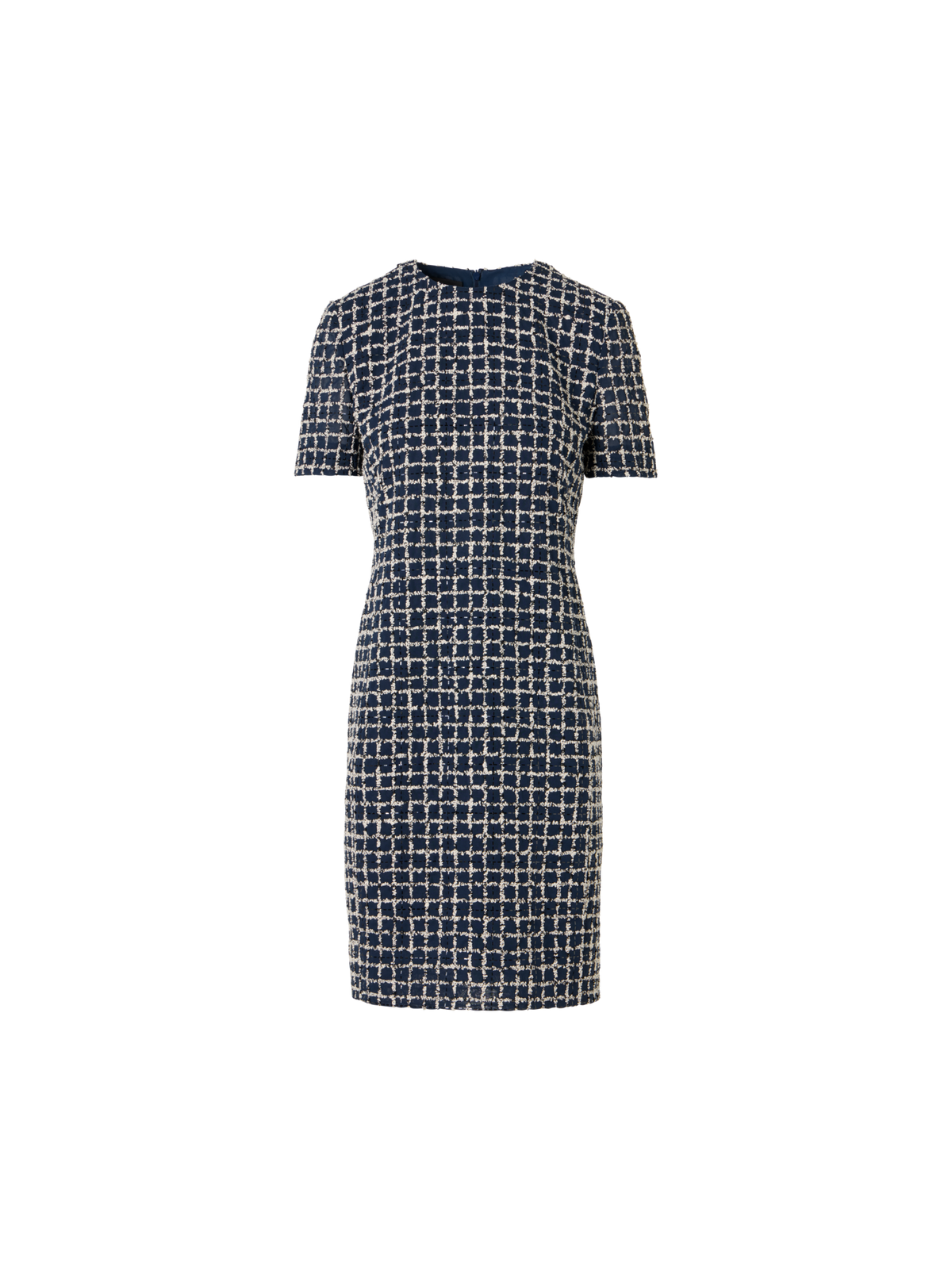 Designer Kurzärmeliges Etuikleid mit Tweed-Check-Stickerei auf Voile - Blau